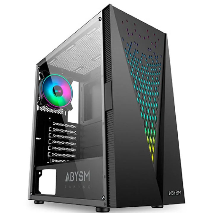 Caixa de computador gaming ABYSM preta com painel lateral transparente e iluminação frontal colorida