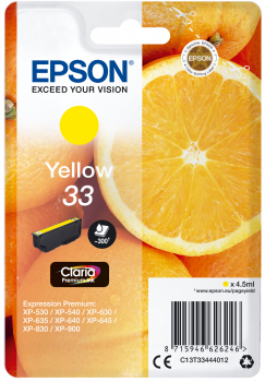 Cartucho de tinta Epson amarelo 33 com imagem de laranja e selo Claria Premium