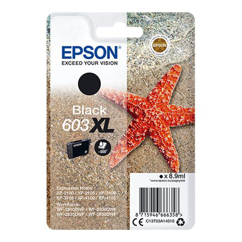 Cartucho de tinta preto Epson 603 XL com embalagem branca e estrela-do-mar vermelha