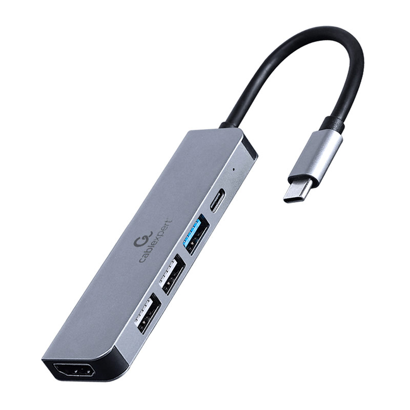 Hub USB tipo C cinza com várias portas e cabo preto