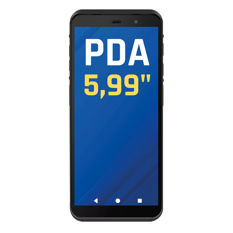 Smartphone preto com ecrã táctil mostrando texto PDA 5,99