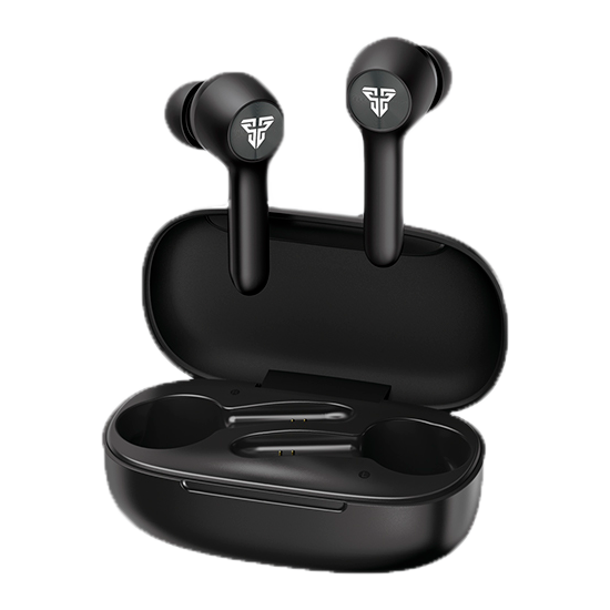 Auscultadores sem fios pretos com estojo preto aberto