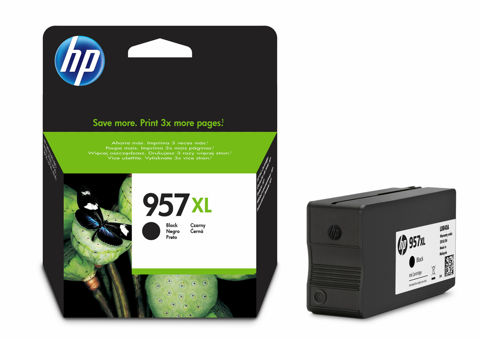 Cartucho de tinta preto HP 957XL com embalagem e texto promocional