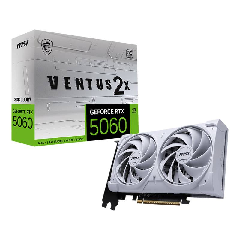 Placa gráfica MSI Ventus 2X GeForce RTX 5060 branca com caixa à esquerda