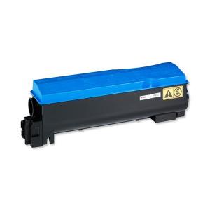 Toner para impressora preto com tampa azul e etiqueta amarela de aviso
