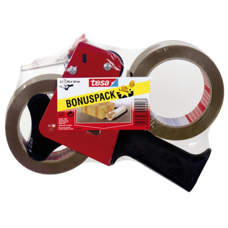 Conjunto de dispensador de fita adesiva tesa com 2 rolos castanhos e rótulo BONUSPACK