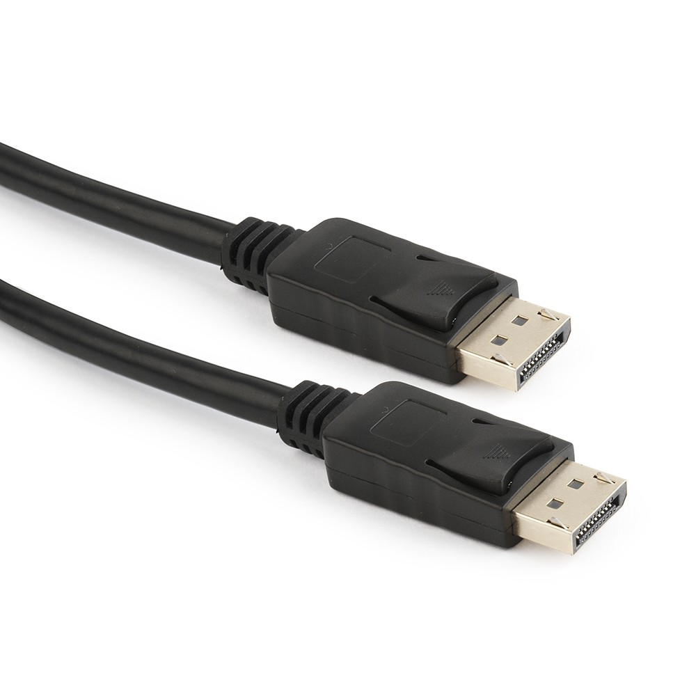 Cabo preto DisplayPort com conectores metálicos em fundo branco