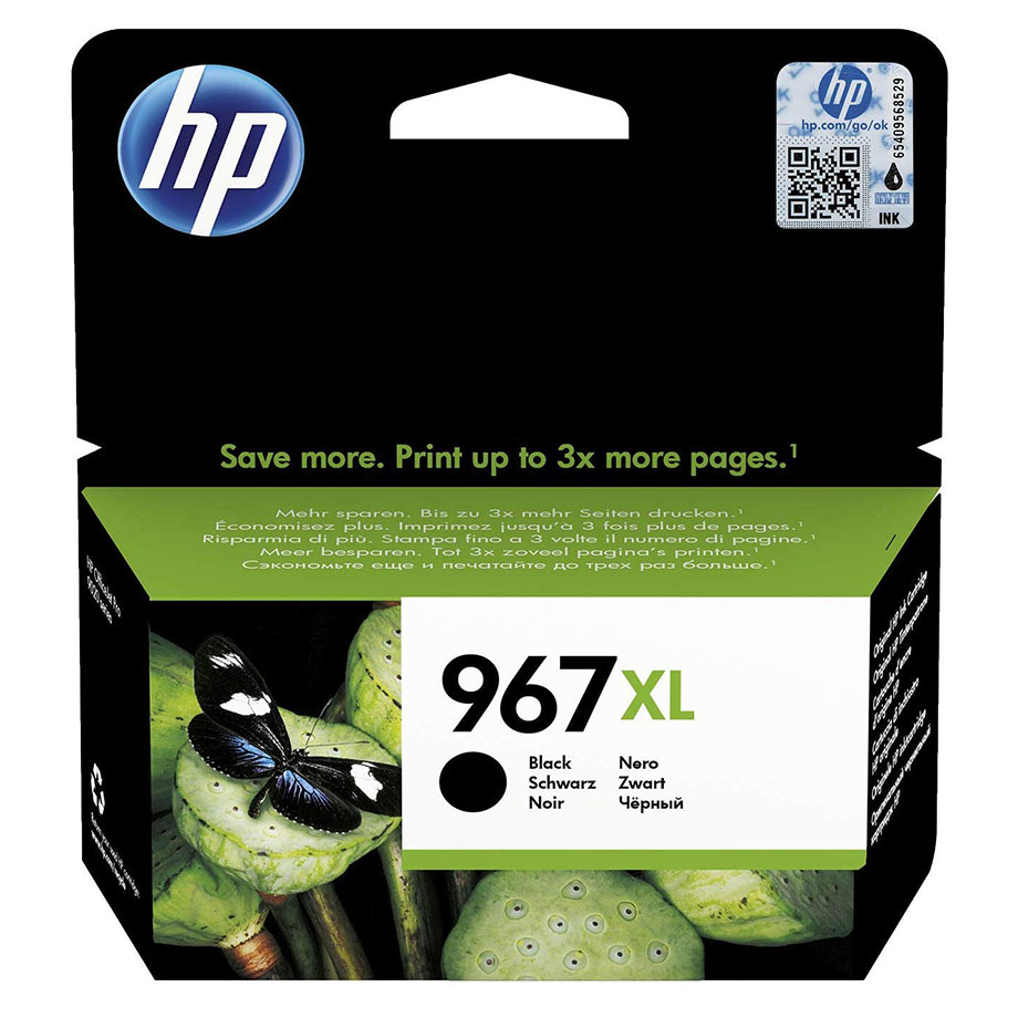 Embalagem de tinta de impressora HP preta 967 XL com imagem de borboleta e plantas.