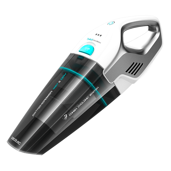 aspirador de pó portátil preto e branco com detalhes azuis