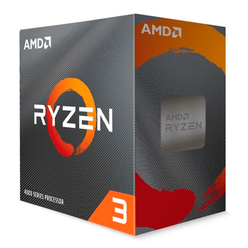 Embalagem de processador AMD Ryzen 3 cinza com detalhes laranja e vermelho