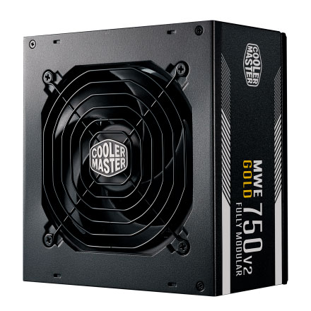 Fonte de alimentação Cooler Master MWE 750 V2 Gold preta com ventoinha e marca visível