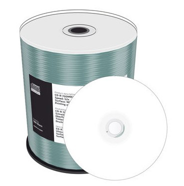 Pack de CD-Rs azul esverdeado com CD branco e etiqueta preta com texto técnico