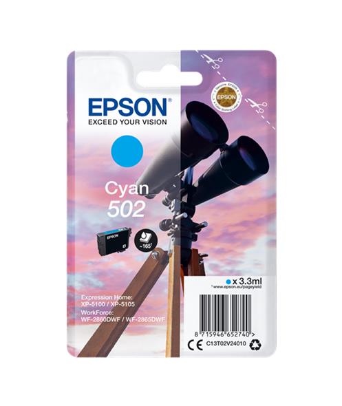 Cartucho de tinta Epson Cyan 502 com embalagem mostrando céu ao pôr do sol e telescópio
