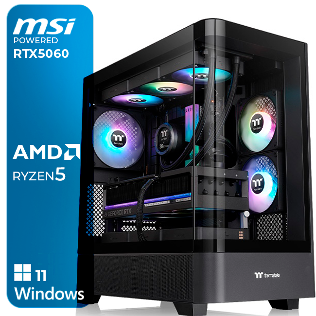 Computador desktop preto com caixa de vidro, ventoinhas RGB e etiquetas MSI e AMD Ryzen
