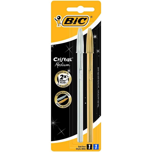Pack BIC Cristal Medium com duas esferográficas metálicas dourada e prateada
