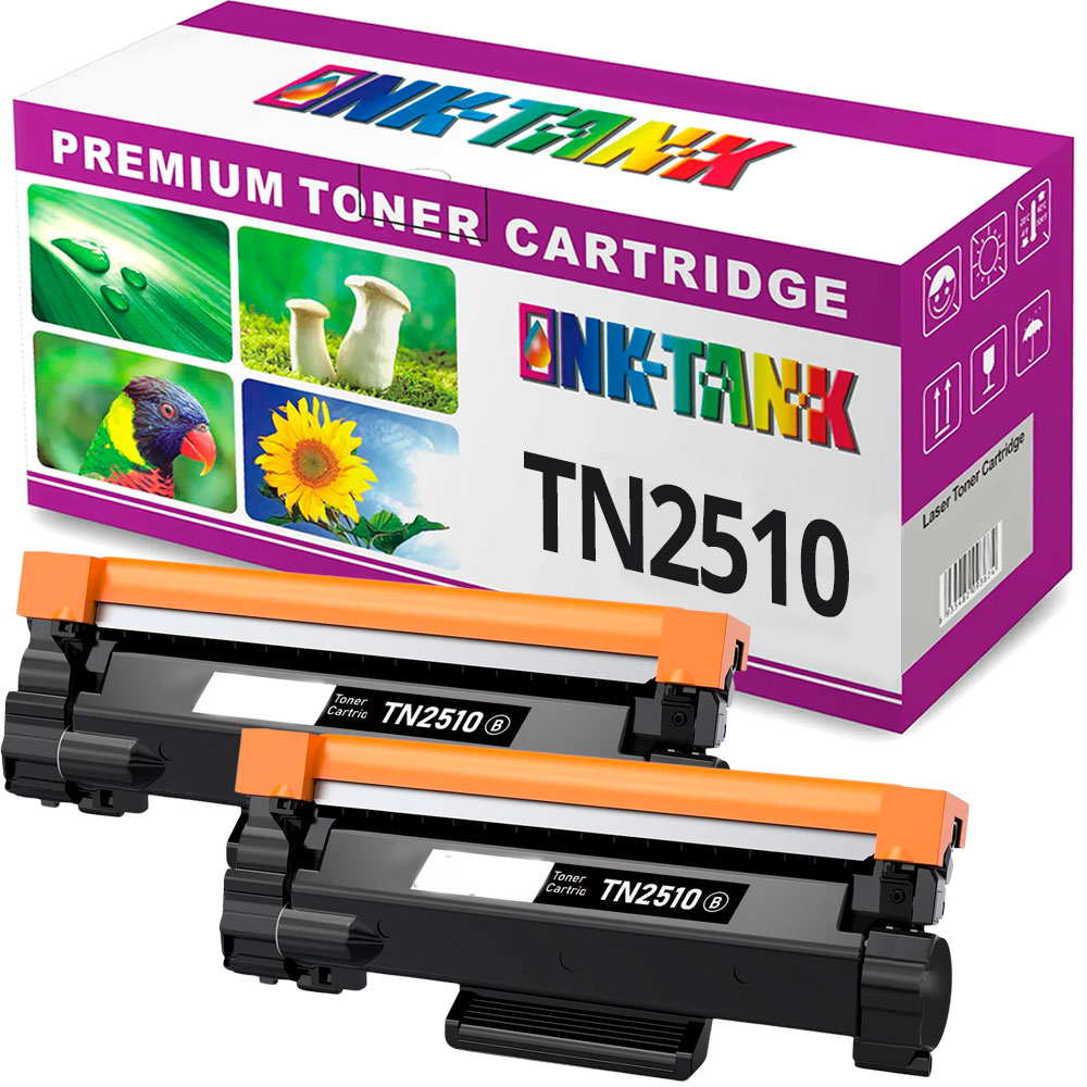 Cartuchos de toner TN2510 e caixa com design colorido