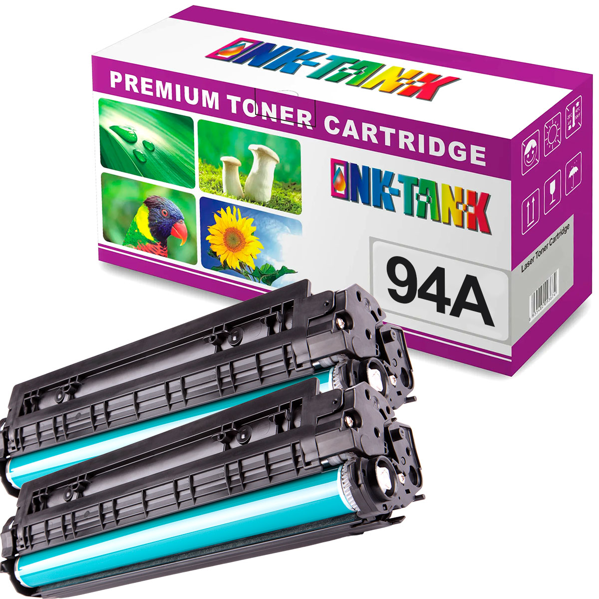 Cartucho de toner preto INK-TANK 94A com embalamento colorido e imagens naturais