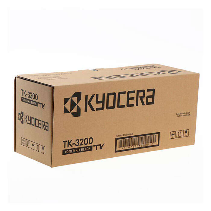Caixa de toner Kyocera TK-3200 preta em embalagem de papelão castanho.