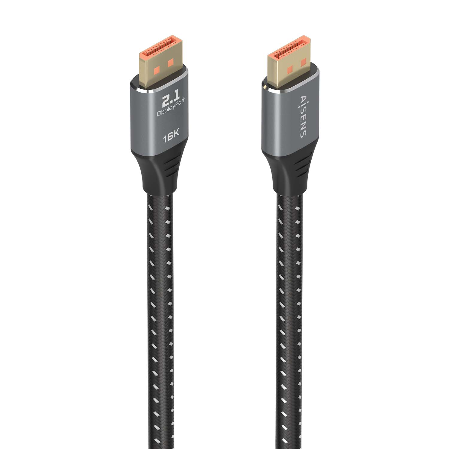 Cabo DisplayPort 2.1 com revestimento de nylon e texto nas extremidades