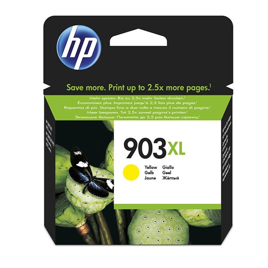 Embalagem de tinteiro HP 903XL amarelo com borboleta preta e branca sobre plantas verdes