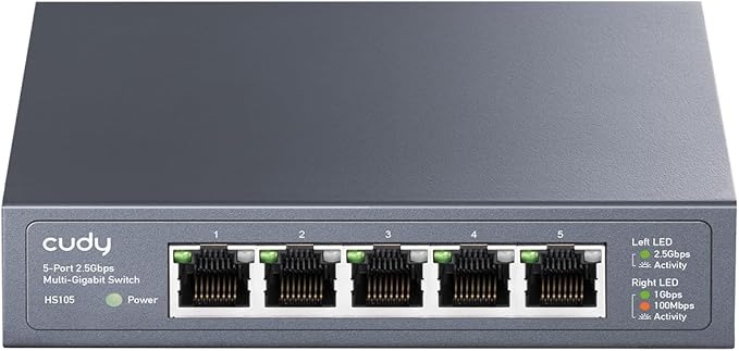 Switch de rede Cudy 5-Port 2.5Gbps com cinco portas RJ45 e indicadores LED