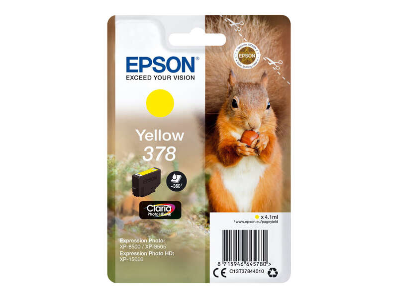 Embalagem de tinta para impressora Epson cor amarela 378 com imagem de esquilo