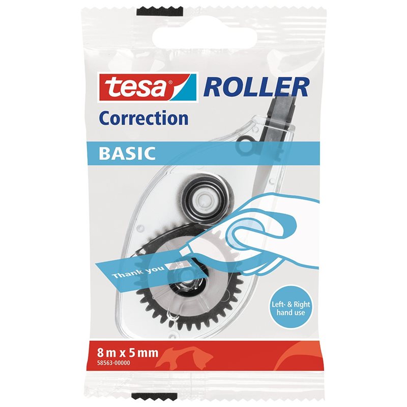 Corretor em fita tesa Roller Correction Basic em embalagem de plástico branco e transparente