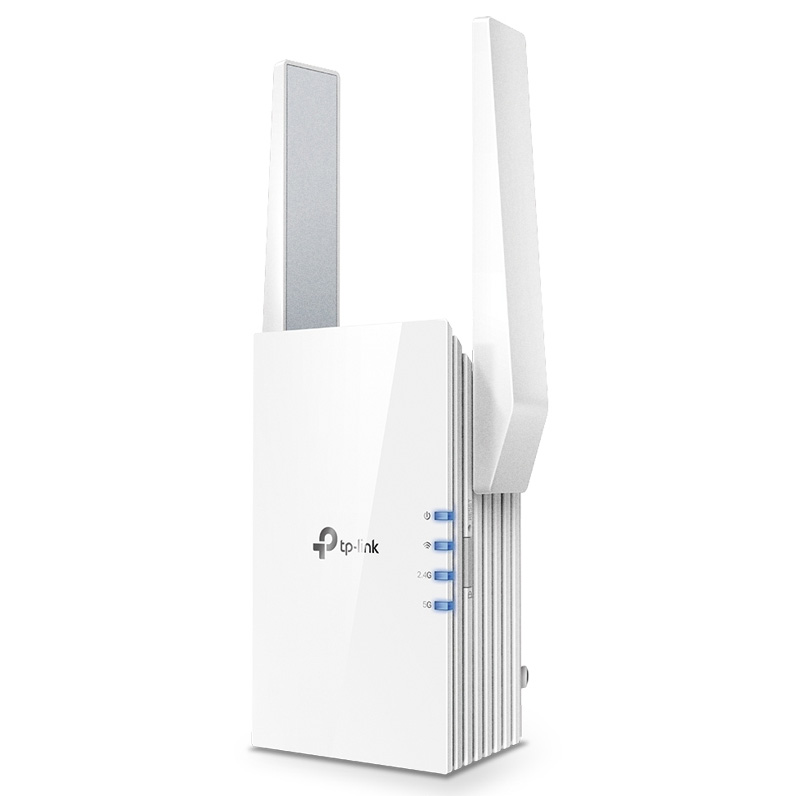 Repetidor Wi-Fi TP-Link branco com duas antenas e botões azuis iluminados