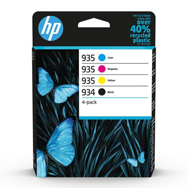 Caixa de cartuchos de tinta HP 935 com design de folhas e borboletas azuis