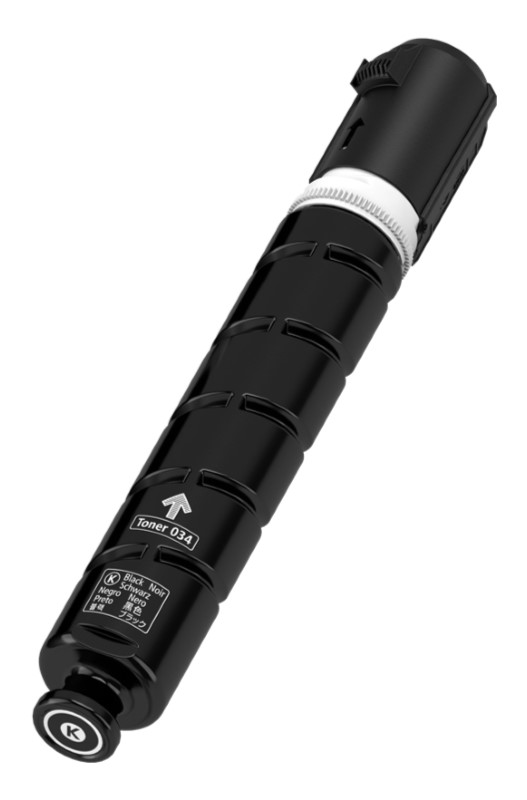 Cartucho de toner preto para impressora, texto Toner 034 e indicações de cor em várias línguas.