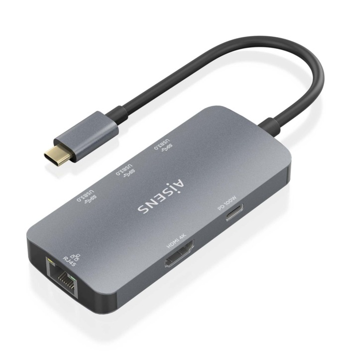 Adaptador USB-C cinzento escuro com várias portas e cabo curto