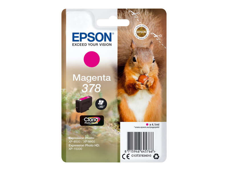 Embalagem de tinteiro Epson Magenta 378 com imagem de esquilo