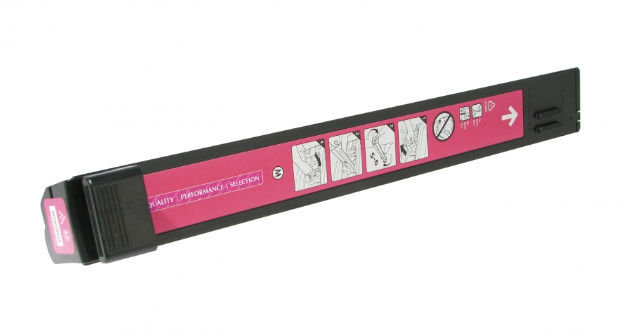 Produto retangular preto com rótulo rosa e instruções gráficas