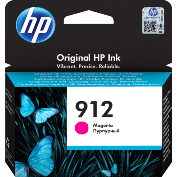 Cartucho de tinta HP 912 Magenta com borboletas azuis na embalagem