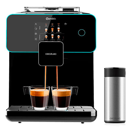 Máquina de café automática com duas chávenas de vidro a ser servidas e recipiente metálico ao lado