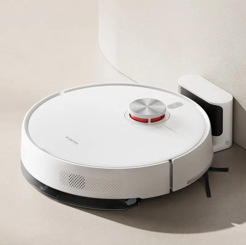 Robô aspirador branco da Xiaomi com base de carregamento