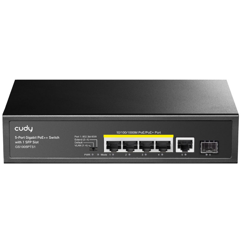 Switch de rede preto com 5 portas Ethernet e 1 slot SFP