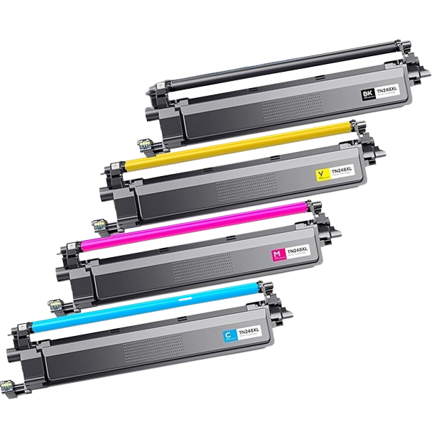 Quatro toners de impressora com etiquetas de cores e código TN248XL