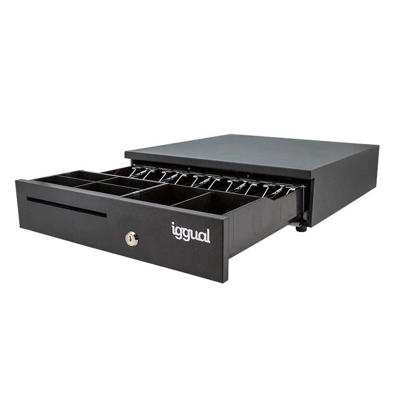 Gaveta de dinheiro metálica preta com compartimentos e fecho com chave