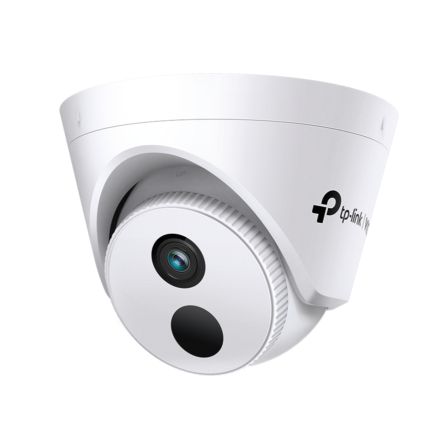 Câmara de segurança branca em formato de cúpula com lente e sensor