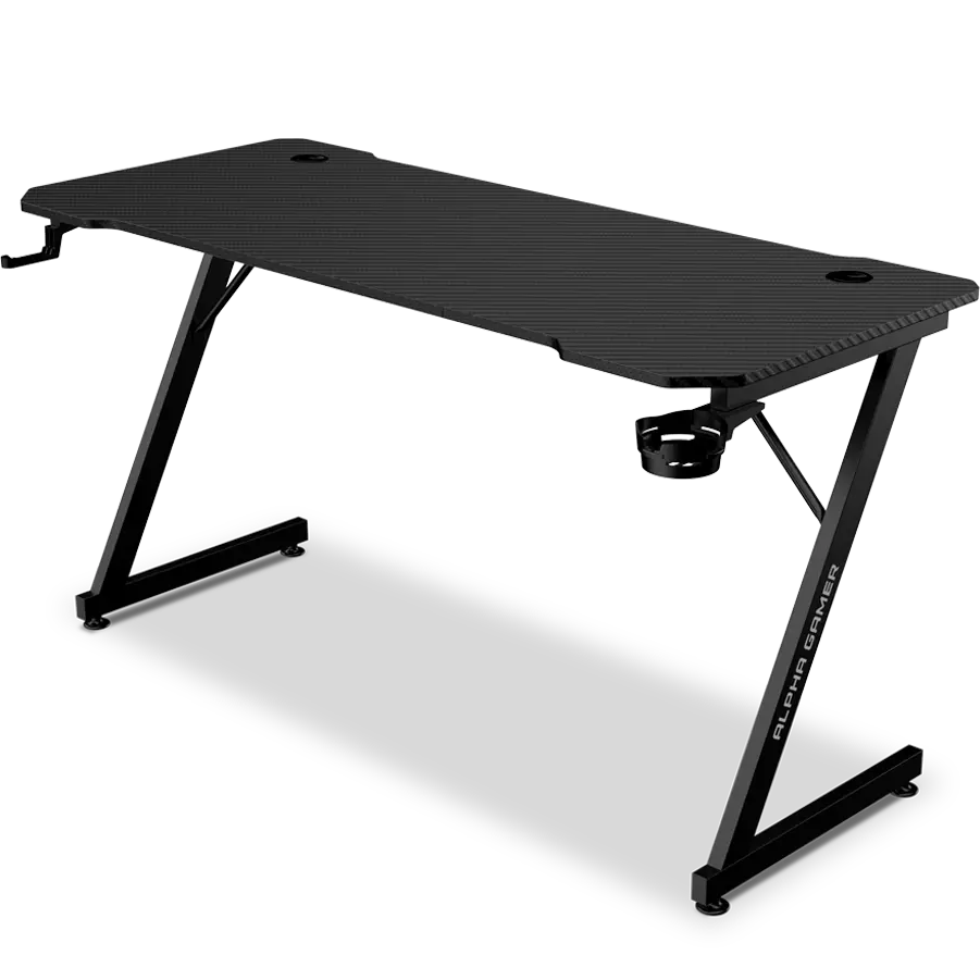 Secretária de jogos preta com suporte para copos e orifícios para cabos