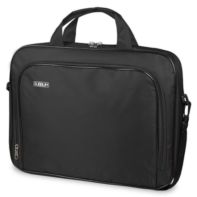 Mala de transporte preta em material sintético com bolso frontal e várias alças.