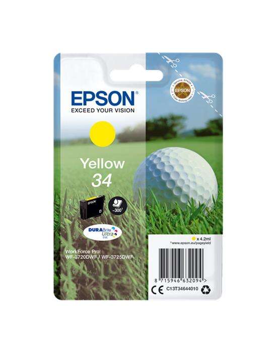 Embalagem de tinteiro amarelo Epson 34 com imagem de bola de golfe na relva.