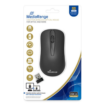 Rato ótico sem fios MediaRange preto em embalagem branca e azul
