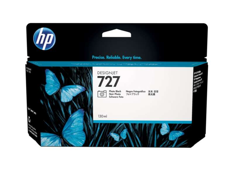 Embalagem de tinta HP DesignJet 727 Photo Black com borboletas azuis