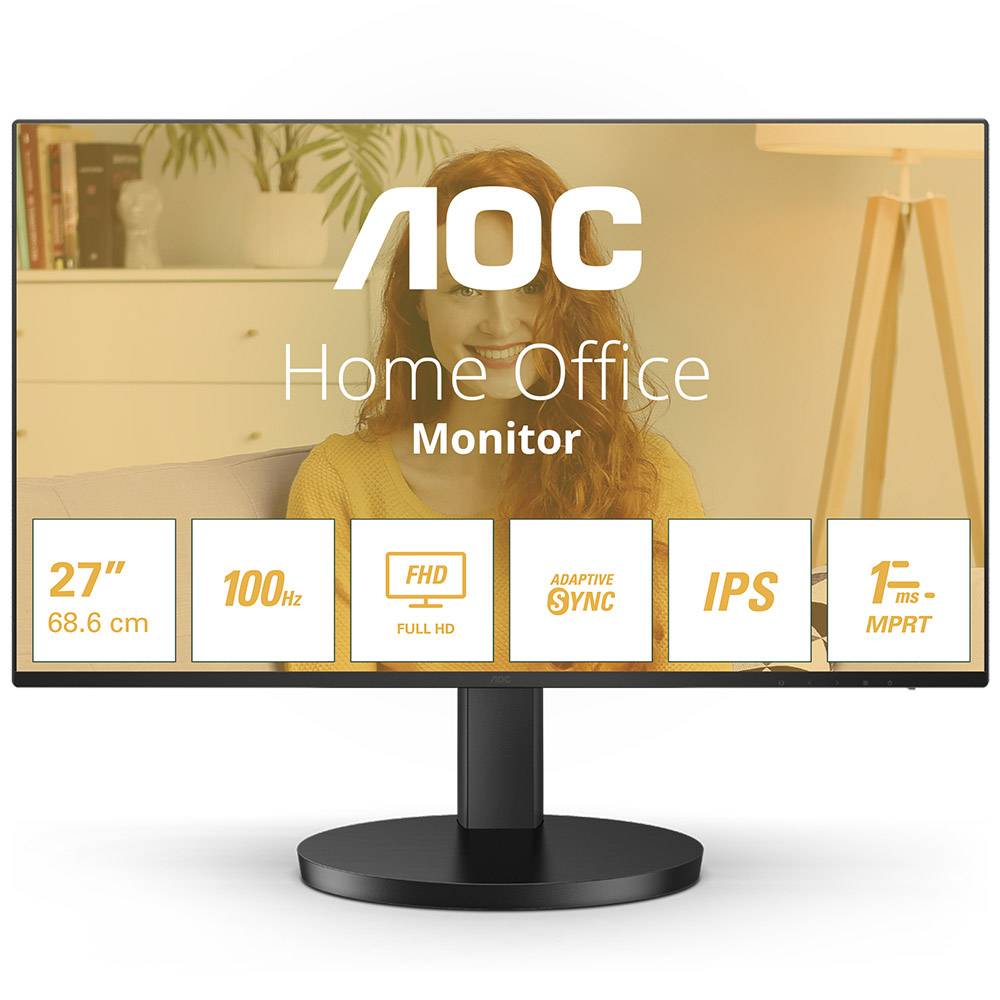 Monitor AOC Home Office preto de 27 polegadas com especificações técnicas no ecrã