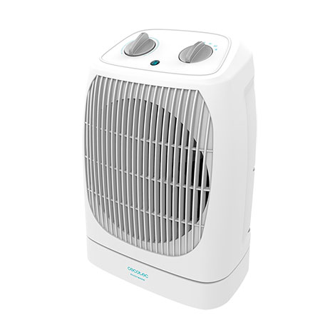 Aquecedor elétrico branco com dois botões e grelha frontal