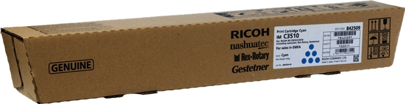Embalagem de cartão castanho com cartucho Ricoh IM C3510 azul
