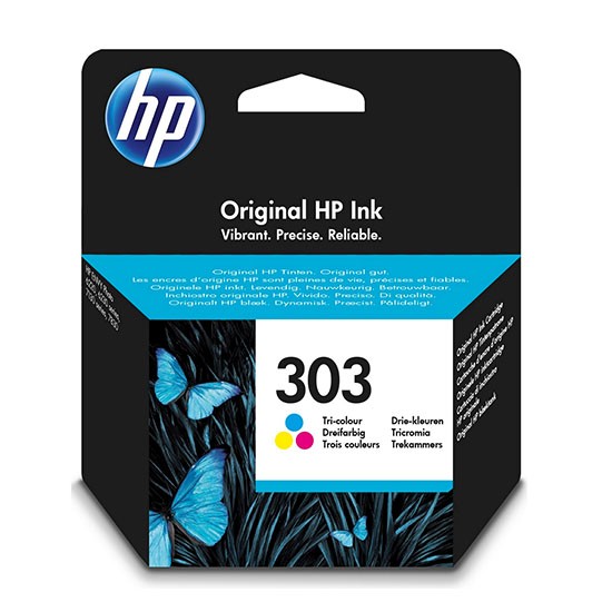 Embalagem de tinta HP 303 tri-color com borboletas azuis