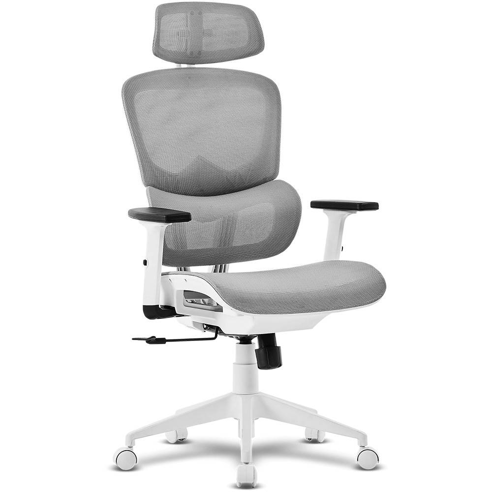 Cadeira de escritório cinza de rede com apoio de cabeça e base branca com rodas